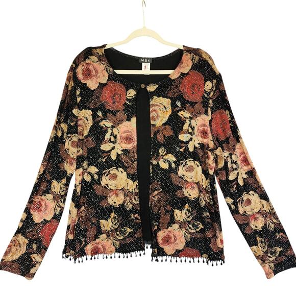 MSK Womens Vintage Cardigan Size XL Beaded Fringe Hem Floral Dark Whimsical Goth - Picture 1 of 12